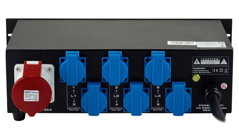 CEE-Verteilung 32A, 32A <=> 6 x 230V (Schuko), Volt- & Amperemeter, RCD – Bild 5